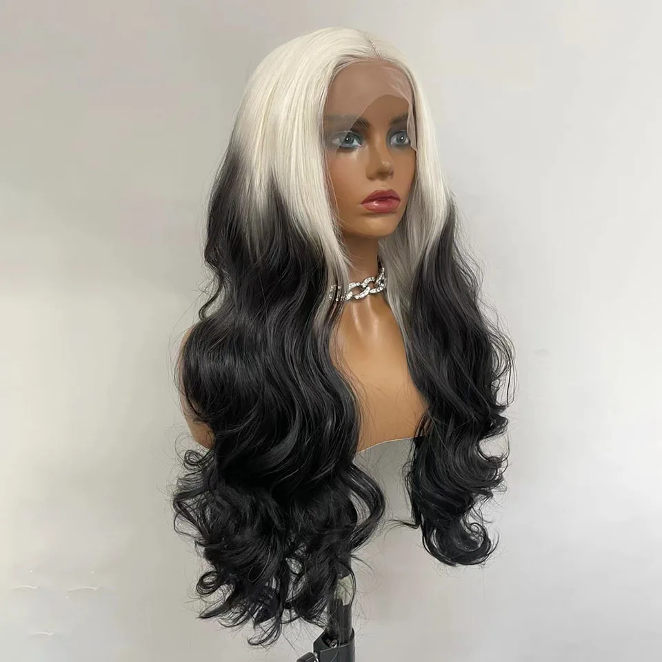 

Blonde Black Ombre Colored Synthetic Lace Front Pre Plucked Drag Queen Daily Use Wavy Glueless Invisible Lace Wigs For Women