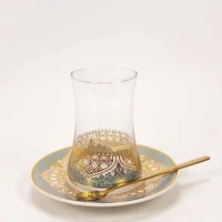 18 Pcs Turkish Tea Cups drinkware Tile Patterned Glass Arabic Gift Tea Ware Porcelain Plate Glass Spoon coffee tea set