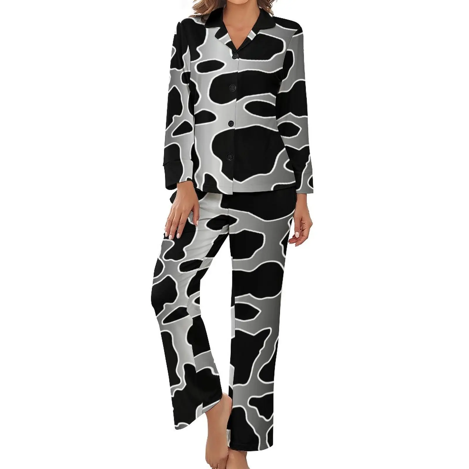 

Black White Cow Print Pajamas Gray Gradient Faded Spots Long Sleeves Cute Pajama Sets 2 Piece Home Autumn Graphic Home Suit Gift