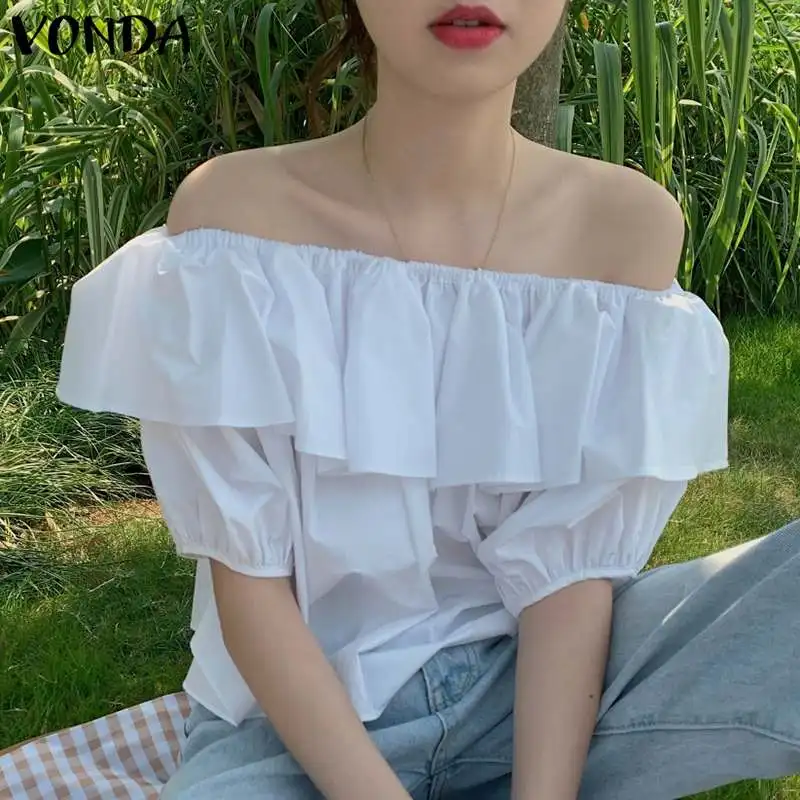 

Sexy Off Shoulder Tops 2022 VONDA Women Ruffled Shirts Summer Half Sleeve Tunic Blouses Casual Loose Solid Party Elegant Chemise