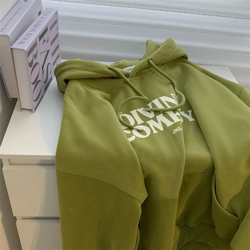 

Letter Printing Plus Velvet Thickened Hooded Sweater Autumn And Winter Hoodie Baby Loose Large Size Thin Avocado Green Jacket