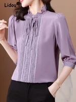 elegant fashion ruffled lacing temperament shirt summer autumn 2022 half sleeve solid color office lady grace chic blouse hot