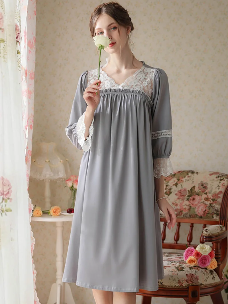 Women Pure Cotton Lace Ruffles Princess Nightgowns Robe V-Neck Long Victorian Romantic Vintage Sleepwear Nightdress Homewear