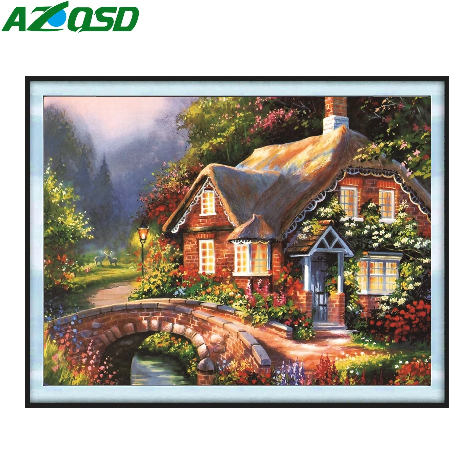 

AZQSD набор крестиков дом пейзаж 40x50 см белый холст для полных комплектов вышивка сад декорации Домашнее украшение подарок
