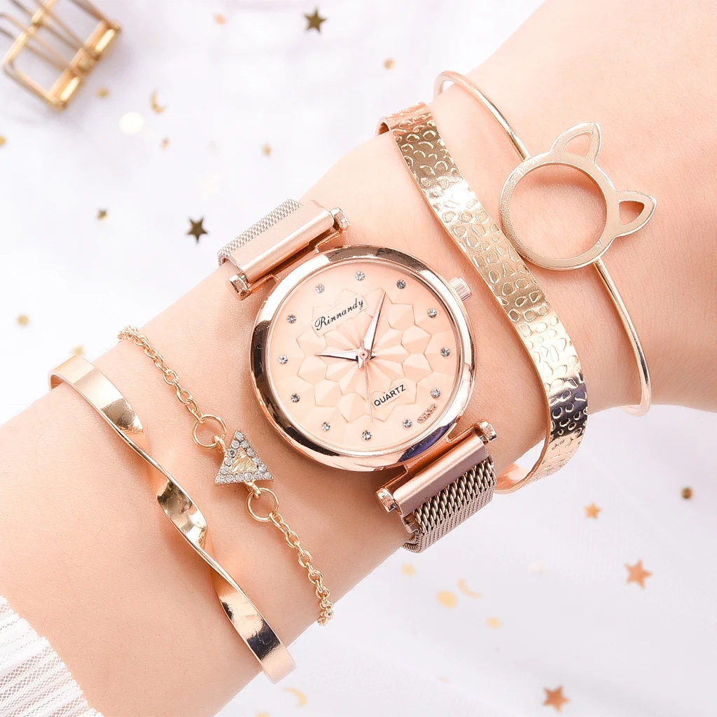 

Rose Gold Mesh Belt Wristwatches 5PCSBracelet Watches Set Simple Women Quartz Watch ladies Business dress Clock Relogio Feminino