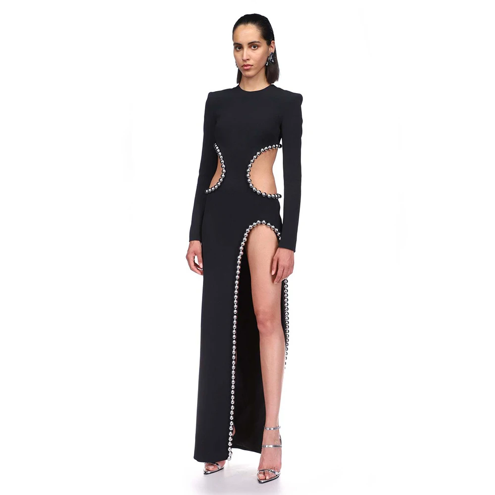 

New Sexy Hollow Out Silver Studs Black Bandage Dress Maxi Long Sleeve Robes Longues Vestidos Elegantes Para Mujer Party Dresses