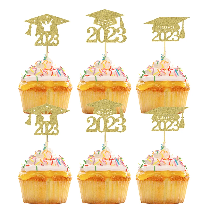 

12 шт. 2023 докторская шляпа, топпер для торта, шляпа с золотыми блестками для выпускного торта, капкейк, Топпер, поздравления, украшение на выпускной