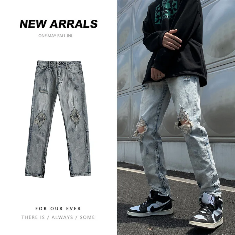 

Y2k Jeans Men Clothing 2022 Summer New High Street Ripped Jeans Korean Fashion Streetwear Loose Straight Denim Pants Aesthetic