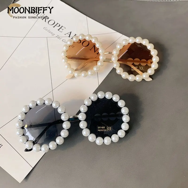 

Women Pearl Round Sunglasses Vintage Men Metal Frame Sun Glasses Eyeglasses 2023 Fashion Party Eyewear Lentes De Sol Mujer