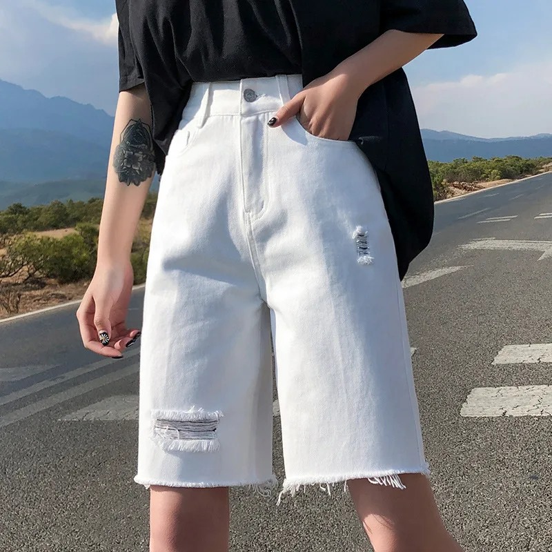 

Женские джинсовые шорты с пятью точками, белые рваные джинсовые шорты с высокой талией, тонкие широкие брюки, уличная одежда для женщин, Новинка лета 2023