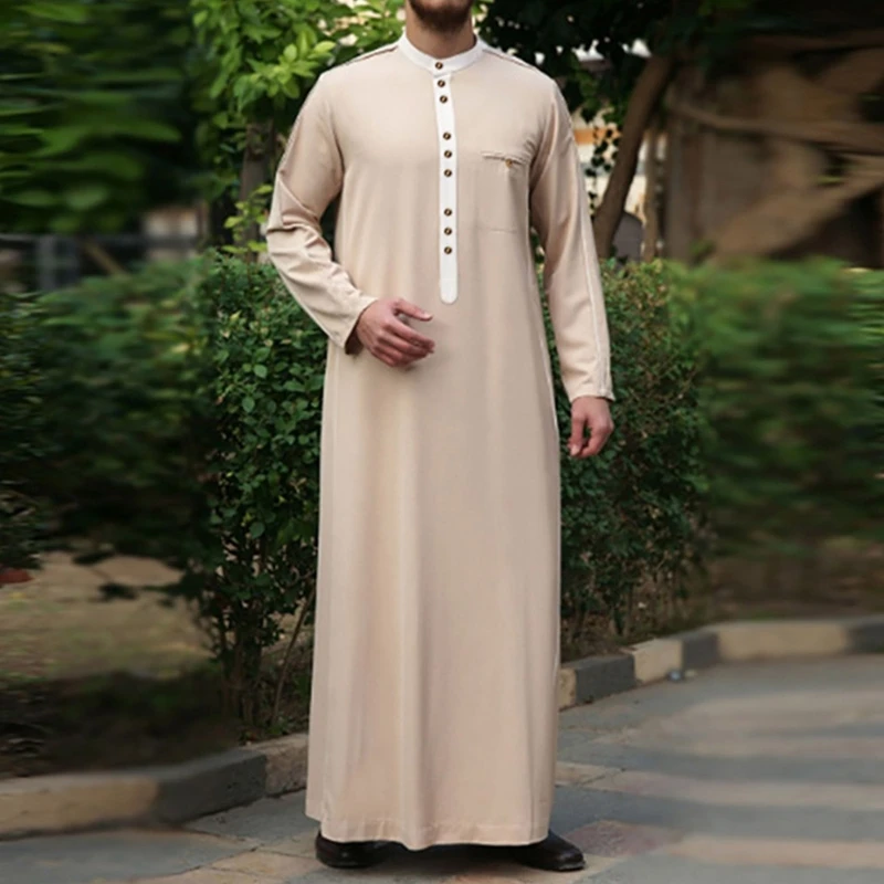 Skin-friendly Muslim Clothing Traditional Eid Middle East Jubba Thobe White Yellow Men Robe Long Sleeve Leisure Clothing