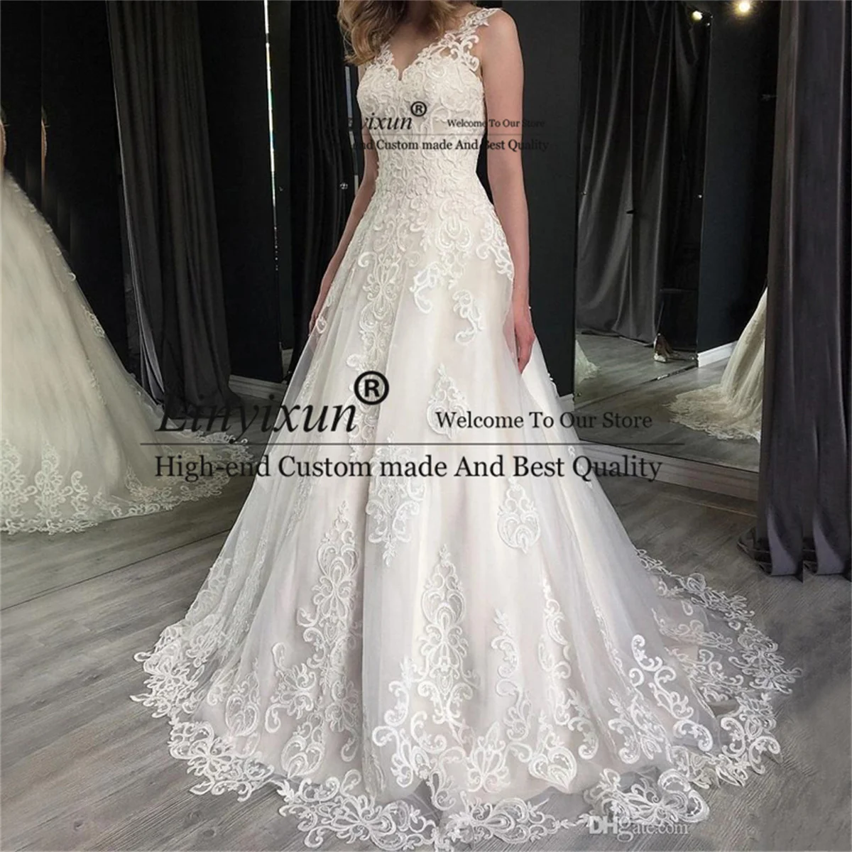 

Elegant Lace Wedding Dresses 2022 For Women V Neck Applique A Line Bridal Gowns Sleeveless Lace Up Court Train Vestidos De Noiva
