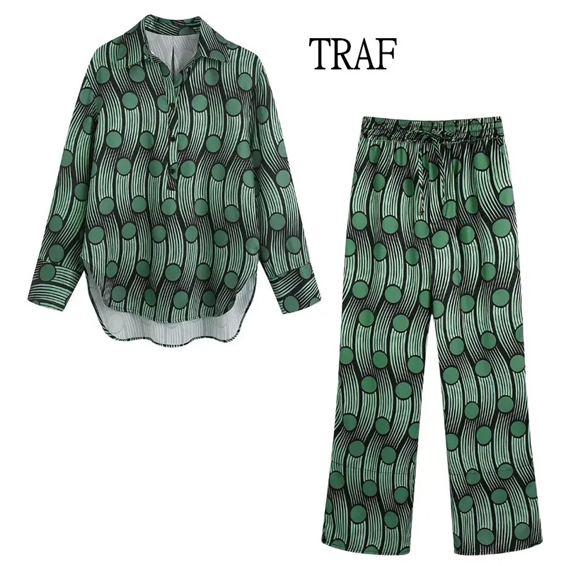 

TRAF Women Two Piece Set 2022 Vintage Print Long Sleeve Summer Women Shirt + Elastic Waist Hight Waist Casual Pants Chic Set