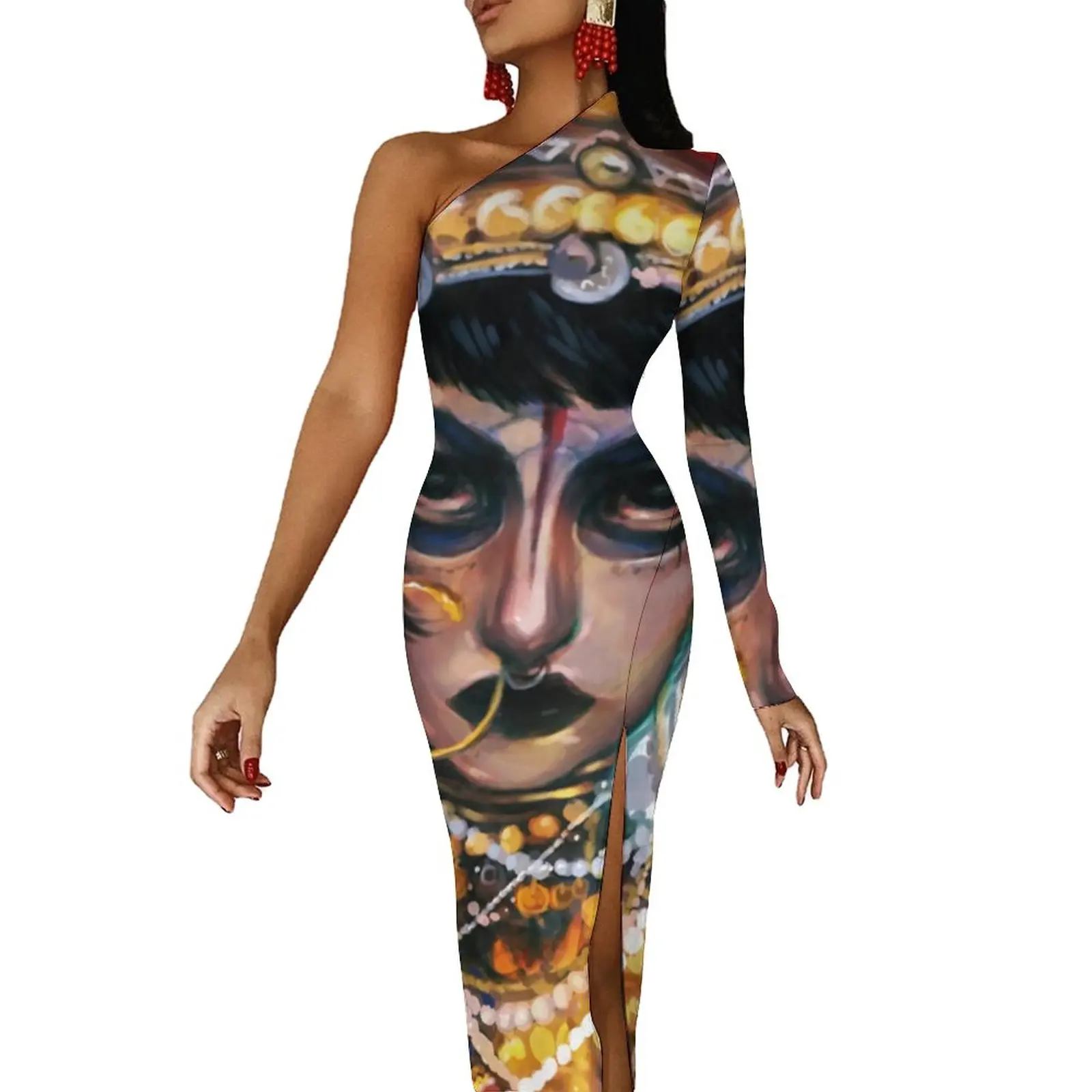 

Платье макси Jibaro с масляным рисунком, облегающее платье на одно плечо с надписью Love Death и роботами, платье для весеннего клуба, женская одежд...