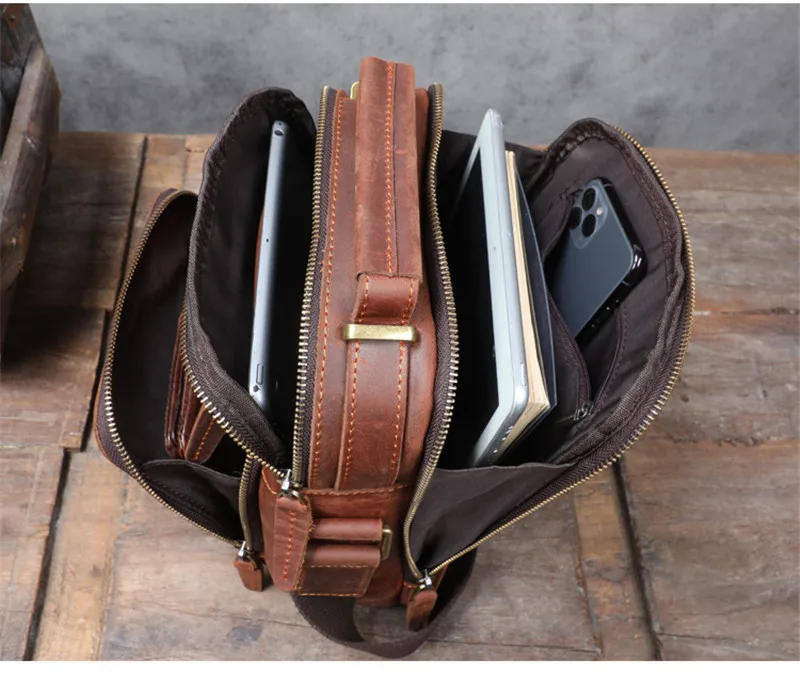 Vintage crazy horse cowhide men's work handbag outdoor business luxury high quality genuine leather shoulder crossbody bag