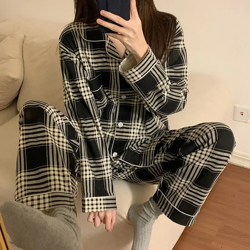 Cute Grid Girls Pajamas Set Korean Autumn Winter New Long Sleeve Leisure Sleepwear Women Loose Nightwear Homewear Suit