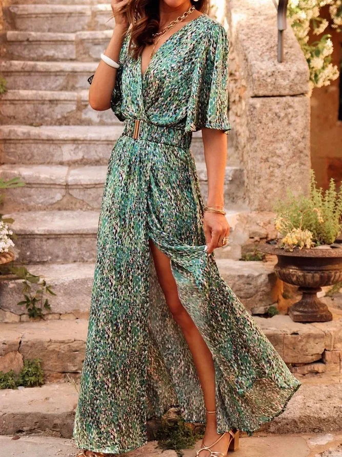 

Bohemian print summer beach dress 2023 Green blue women sexy short sleeve v-neck waist belted split asymmetrical wrap maxi dress