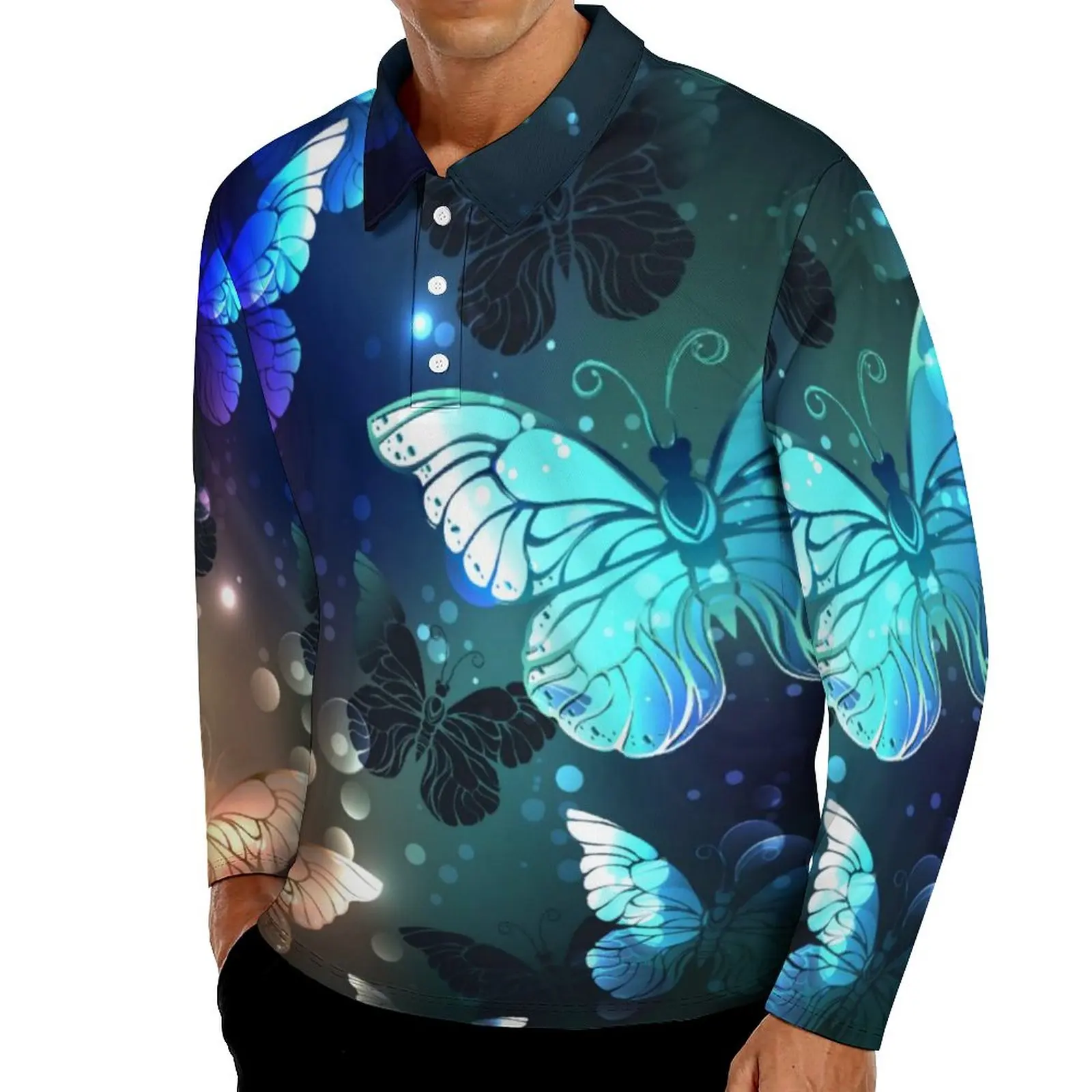 

Рубашка-поло мужская с длинным рукавом и воротником-стойкой