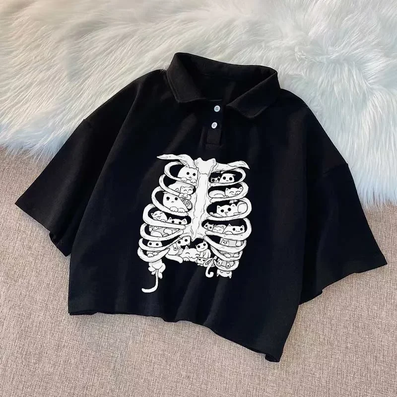 

2022NEW Harajuku Shirt With buttons Cropped Vintage emo skeleton Print y2k Summer goth T-shirt Blouses grunge pulovers Top women