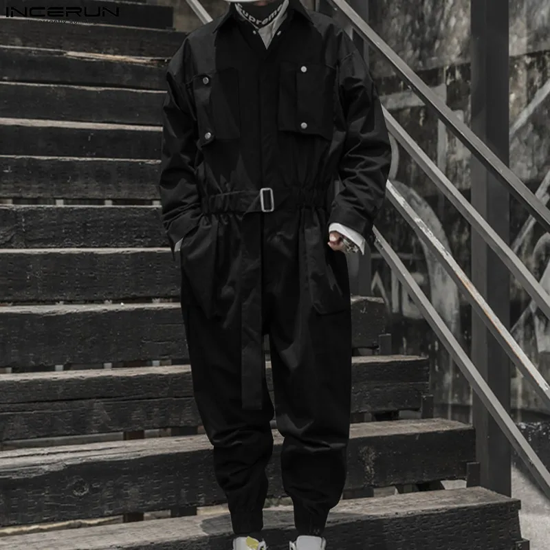 

INCERUN Fashion Men Cargo Overalls Solid Color Lapel Long Sleeve Streetwear Casual Jumpsuits Multi Pockets 2022 Men Romper S-5XL