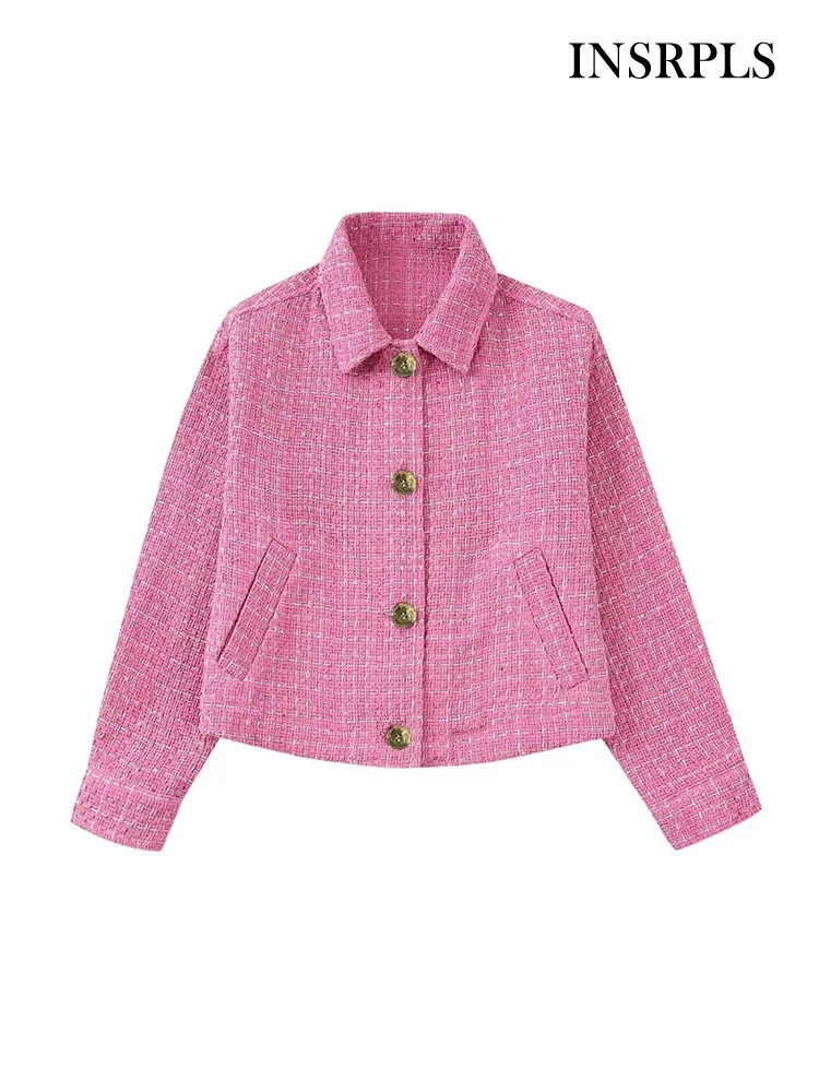 

INSRPLS Women Fashion Front Metal Button Tweed Jacket Coat Vintage Long Sleeve Welt Pockets Female Outerwear Chic Overshirts