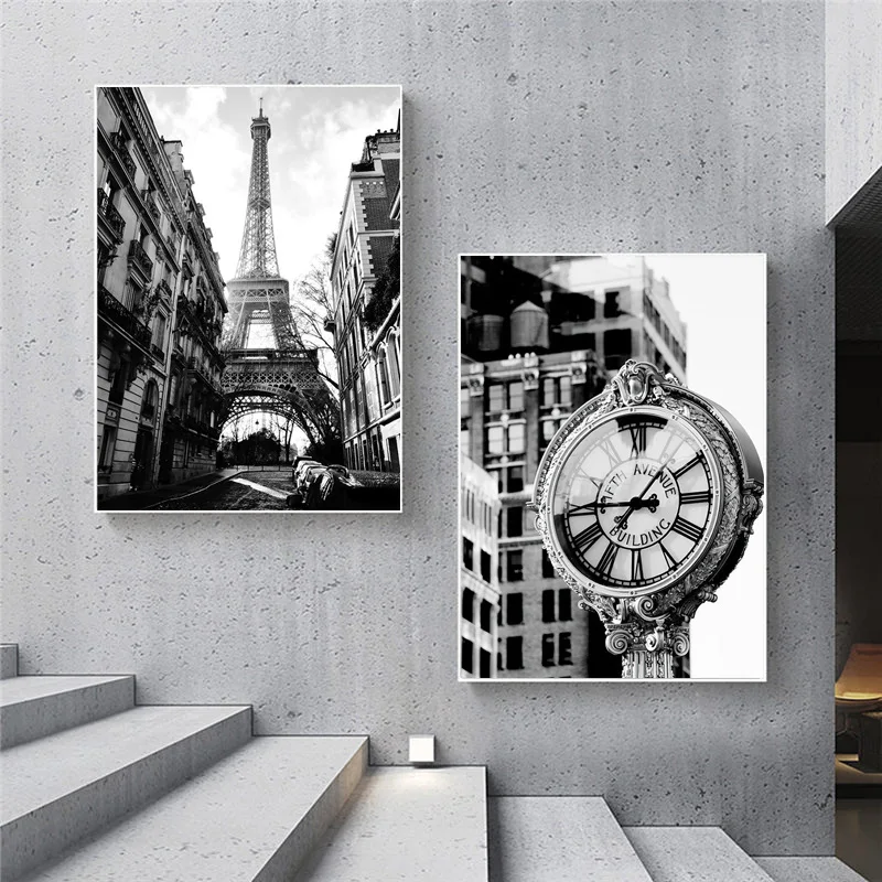 

canvas print outdoor clock hanging picture black and white Eiffel Tower landscape poster living room WALL HOME DECOR Painting