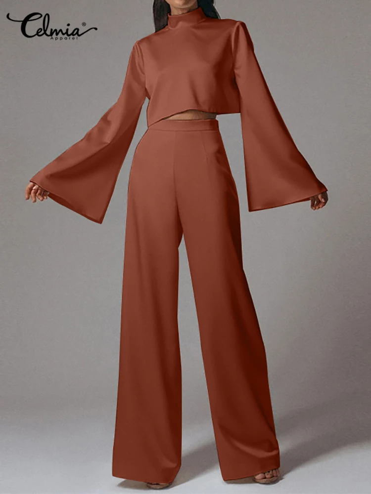 

Celmia Vintage Women Silk Satin Suits Flare Long Sleeve Crop Tops Blouses and Wide Leg Long Pant Sets Casual Solid 2 Pieces Sets