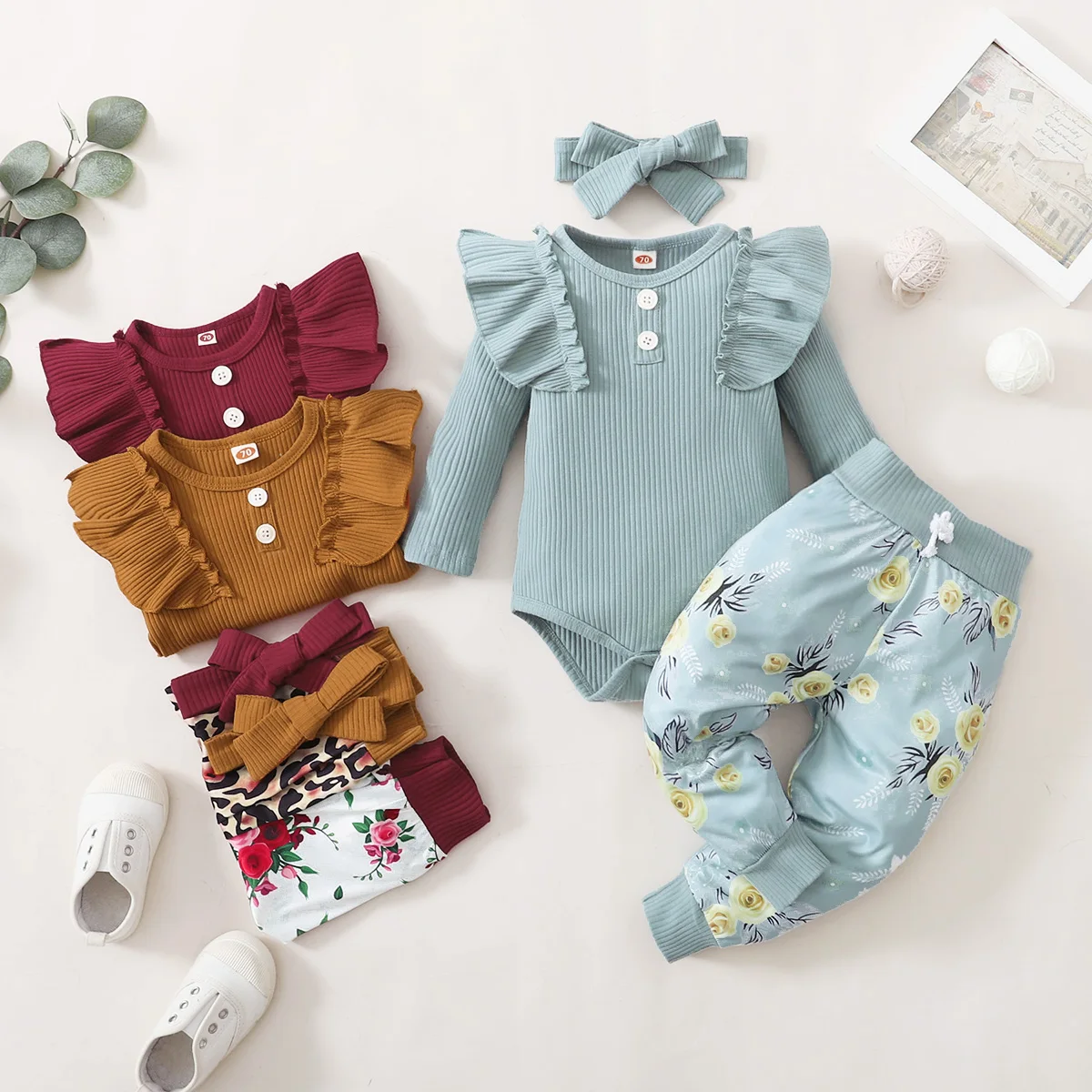 3Pcs Newborn Girl Clothes Set 3 Months Baby Girl Clothes Toddler Girl Outfits Baby Bodysuit + Bow Pants Infant Kids Clothing 6M