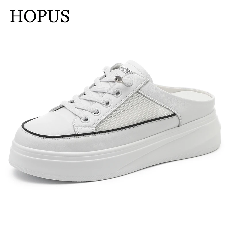 

HOPUS Shoes For Women 2022 New Comfort Hollow Half Slippers Outdoor Mesh Slip-on Platform Shoes Female Genuine Leather Sneakers