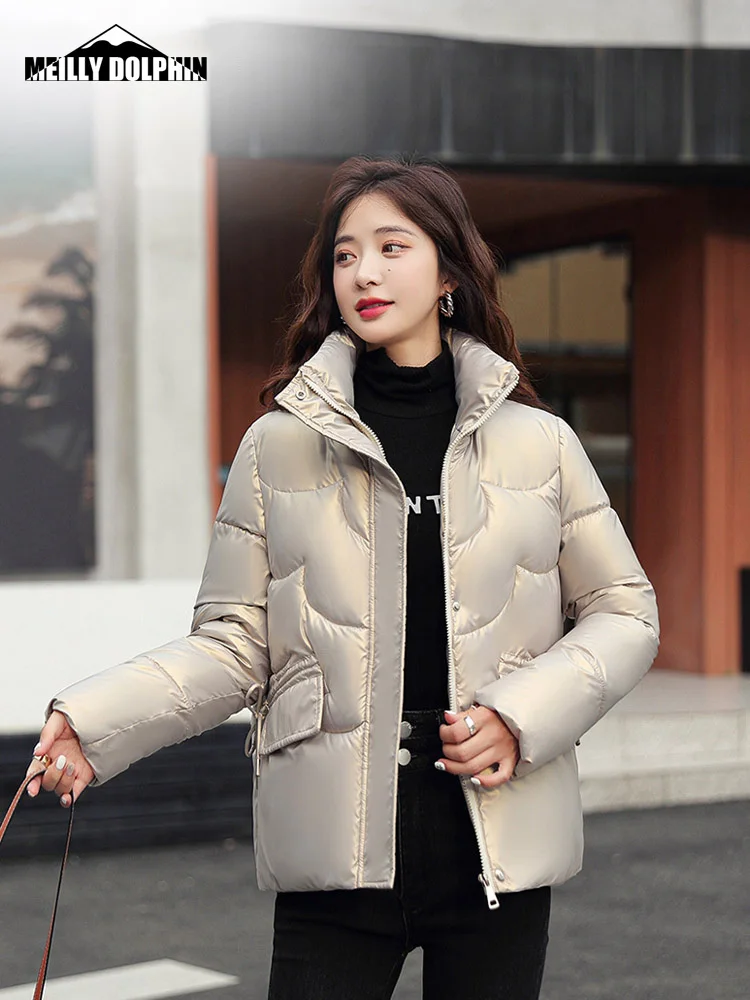New 2022 Glossy Stand Collar Cotton Padded Winter Jacket Women Short Casual Autumn Winter Clothes Student Coat Female