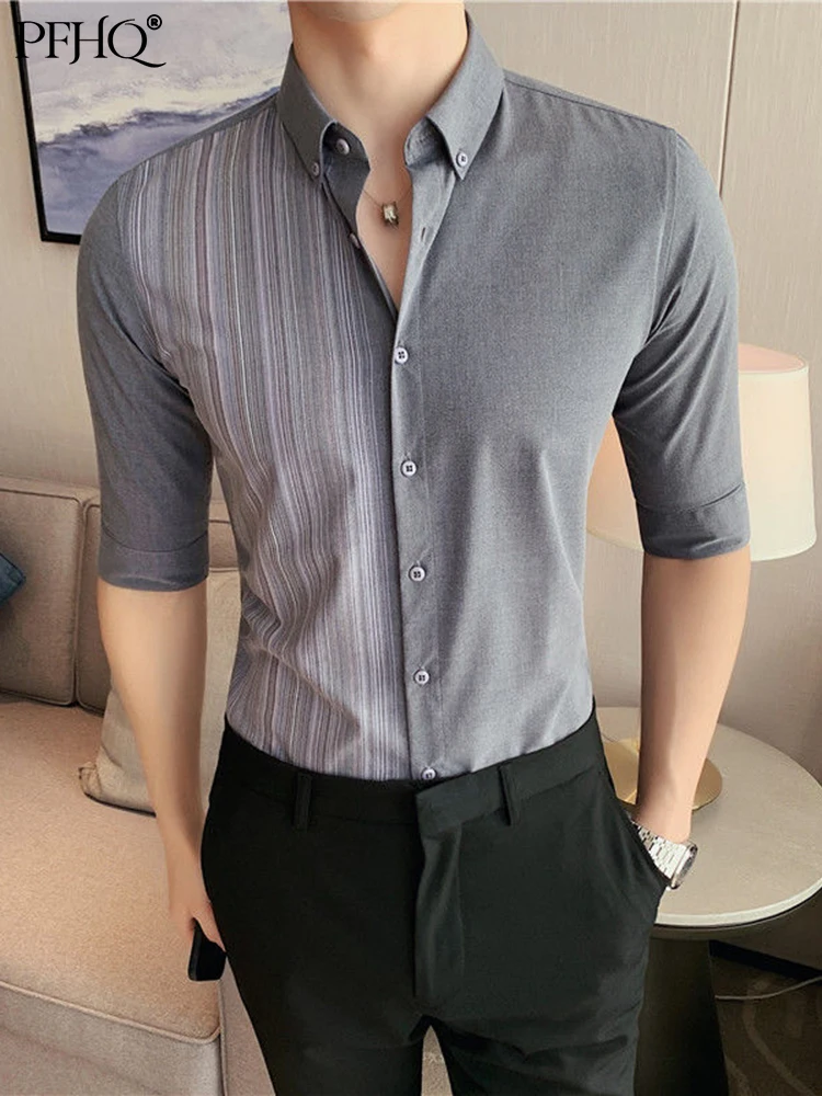 

PFHQ 2022 Summer Luxury Personalized Social Stripe Half Sleeve Men's Korean Version Trend Slim Fit Elegant Short Shirt 21Q1104