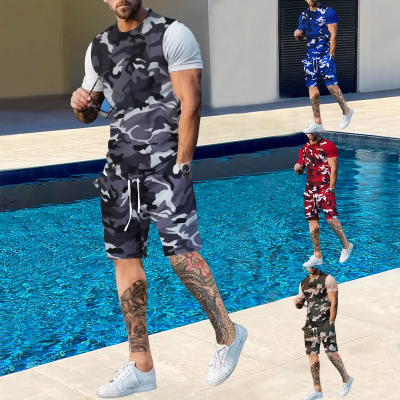 

Men's New Casual Camouflage Sports Short-sleeved Men's Popular Summer Running Training Two-piece Set
