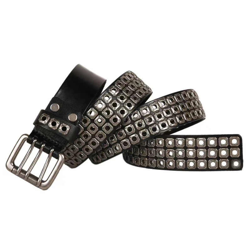 Belt Alloy Black Hollow Rivet First Layer Cowhide Pin Buckle Soft Surface Single Ring Men's and Women's Same Fashion Decorations