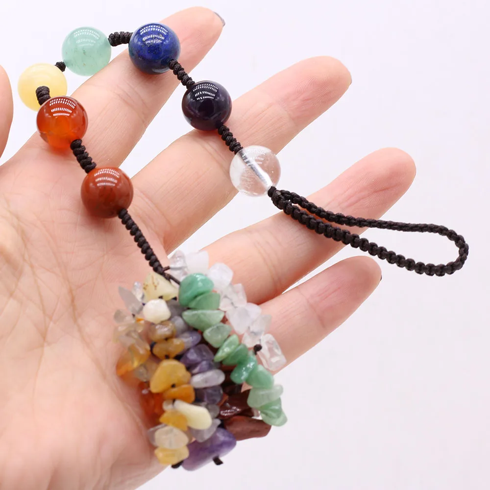 

Natural Crystal Stone Car Pendant Seven-color Chakra Tumbled Gemstone Tassel Hanging Ornament Stones Car Decor