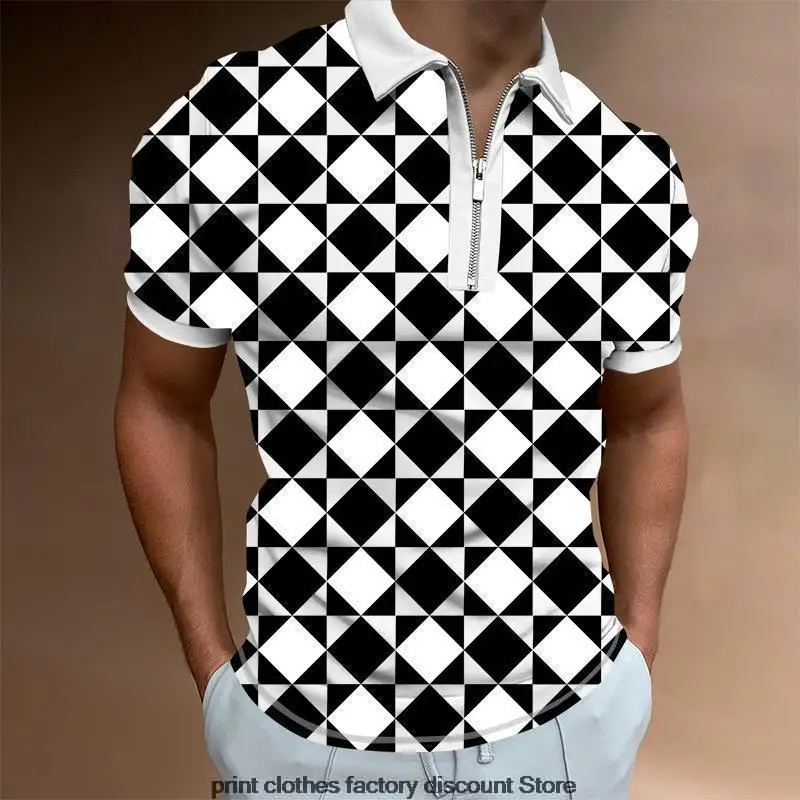 

Рубашка-поло мужская с принтом, повседневная тенниска с короткими рукавами, модный топ с отложным воротником, на молнии, с лацканами, улична...
