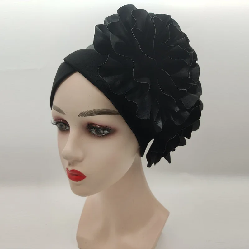 

Fashion Women's Auto Gele Headties Headwarp Aso Oke Turban African Hat with Flower Moslin Robe Inner Hijab Muslim Ready To Wear