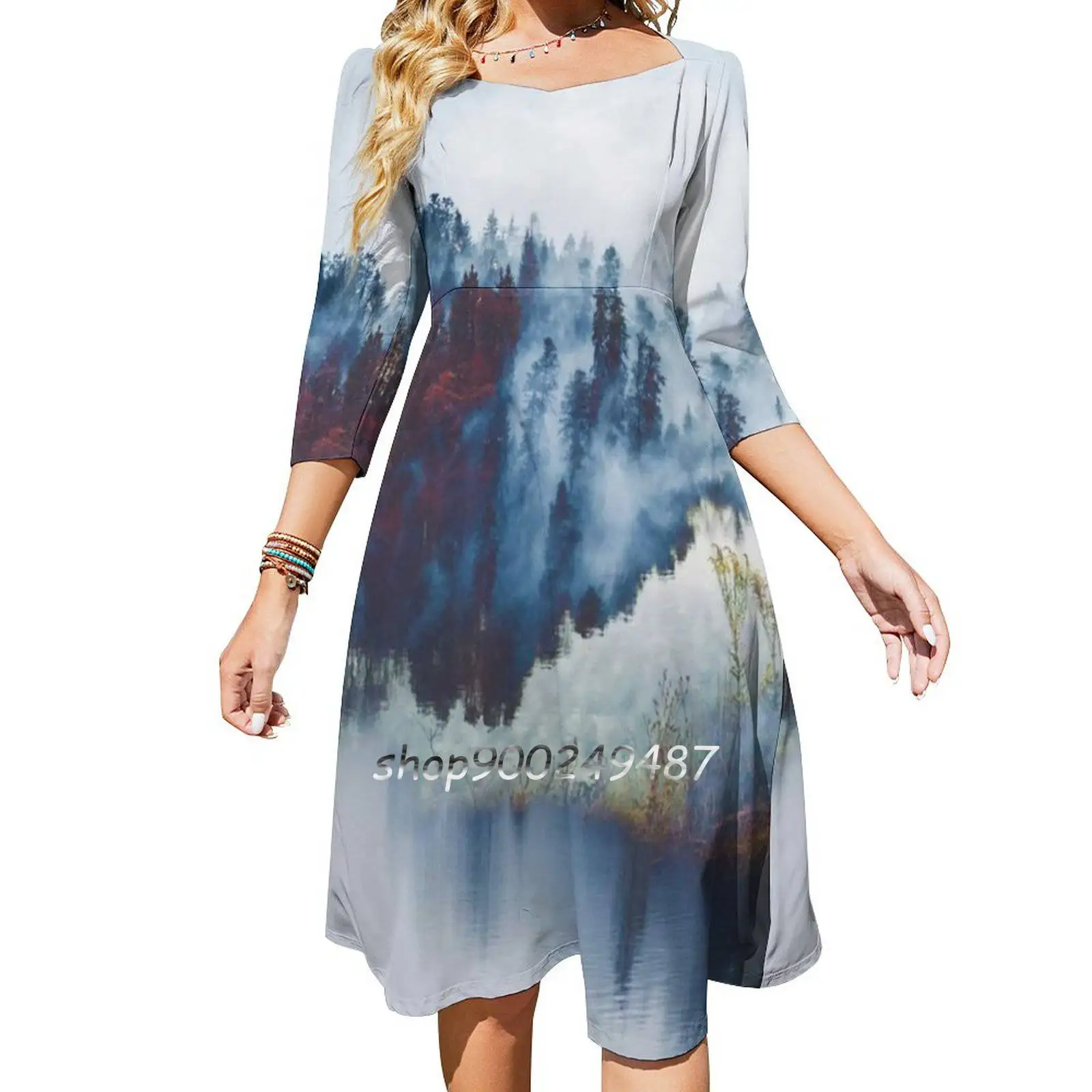Fog Flare Dress Square Neck Elegant Female Fashion Printed Landscape Foggy Lake Clear Snow Tree Woods Forest