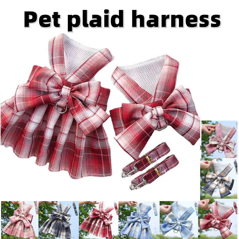 

Cat Dog Adjustable Harness pet Plaid skirt dog cat vest type traction clothes Small Dog Party Birthday Wedding Bowknot Dress