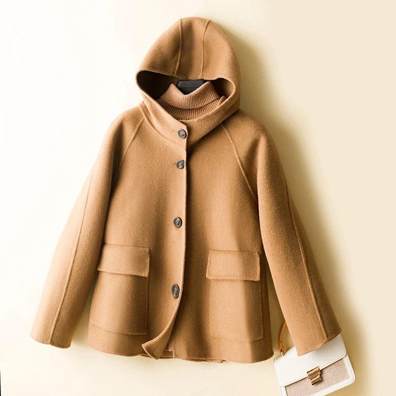 Double-sided cashmere hooded small coat woolen pure wool short women's coat small autumn and winter women's top