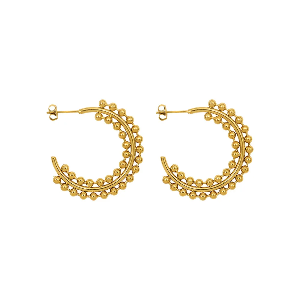 Double Layer Small Beads  Gold Color  Ear Cuff Round Circle Geometric Earrings for Women Minimalist Korean Earrings