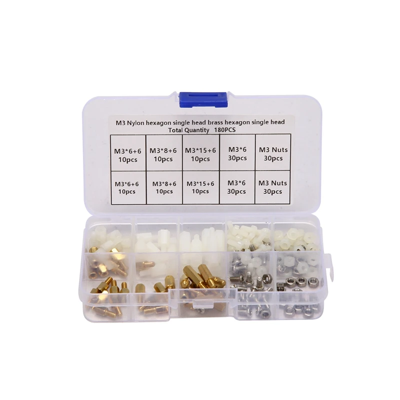 

180Pcs M3 Brass Nylon Stainless Steel Hex Screw Combination Insulation Column With Plastic Box