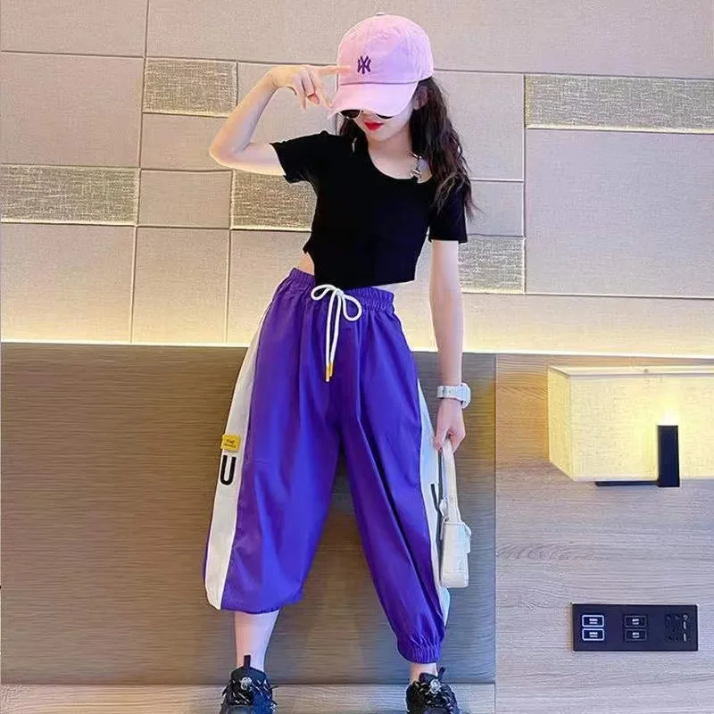 

Summer Spring Girls Crop Tops Tees+Loose Contrast Drawstring Pants Set School Kids Tracksuit Child Outfit Sport Suit 3-16 Years