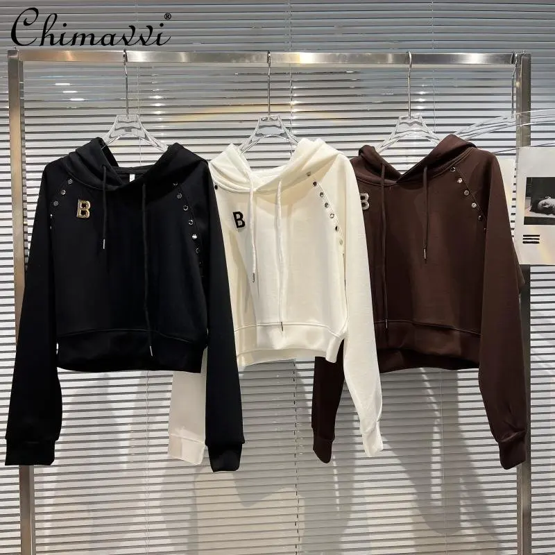 

2022 Autumn New Fashion Metal Letter Rivet Long Sleeve Hooded Sweater Loose Streetwear Pullover Memory Cotton Sweatshirt Women