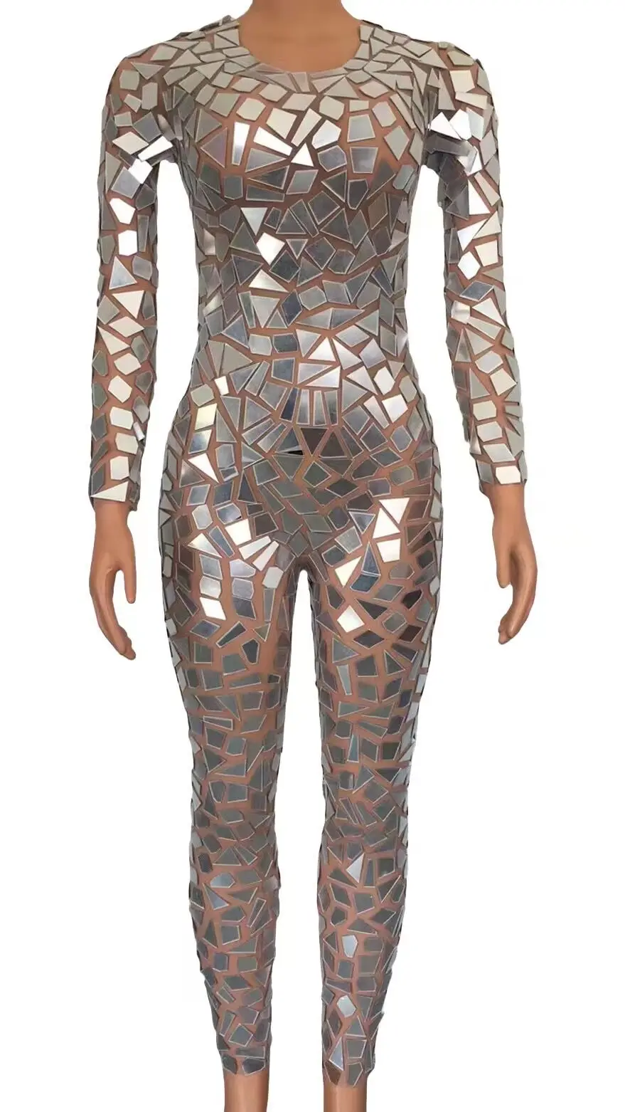 

Bling Silver Mirrors Mesh Jumpsuit Female Singer Dance Performance Sexy Costume Birthday Celebrate Transparent Rompers