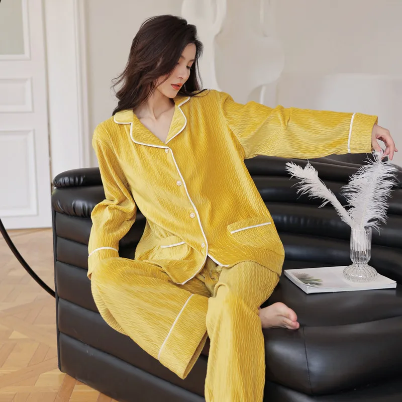 

Luxury Velvet Women's Pajamas Set Winter Warm Home Clothes Long Sleeve Cardigan&Pants Sleepwear Pijama Female Casual Pyjamas