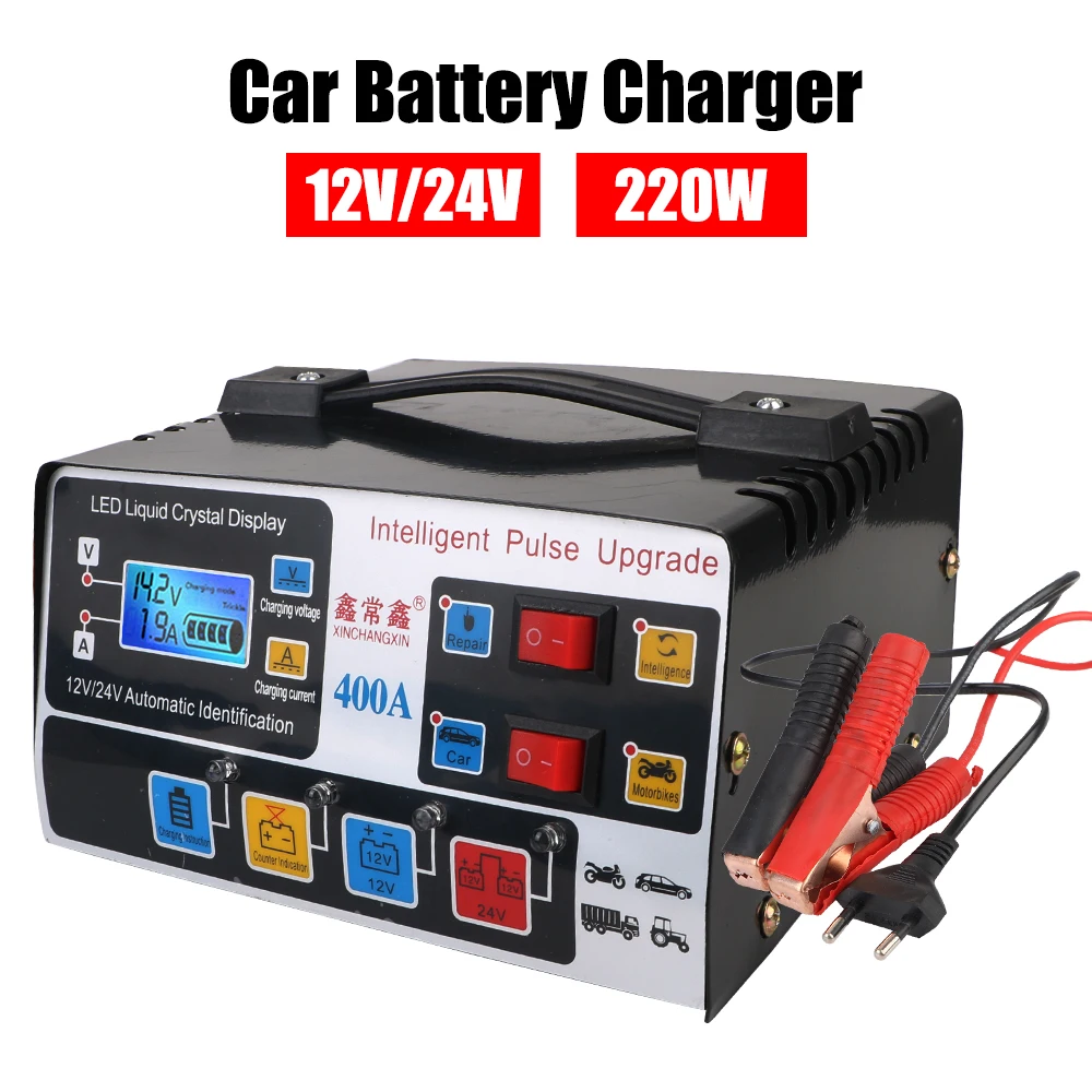 

24V 12V 220W EU Plug Car Battery Charger High Power Fully Automatic Pulse Repair Tools Display For Truck Boat Motorcycle Trailer
