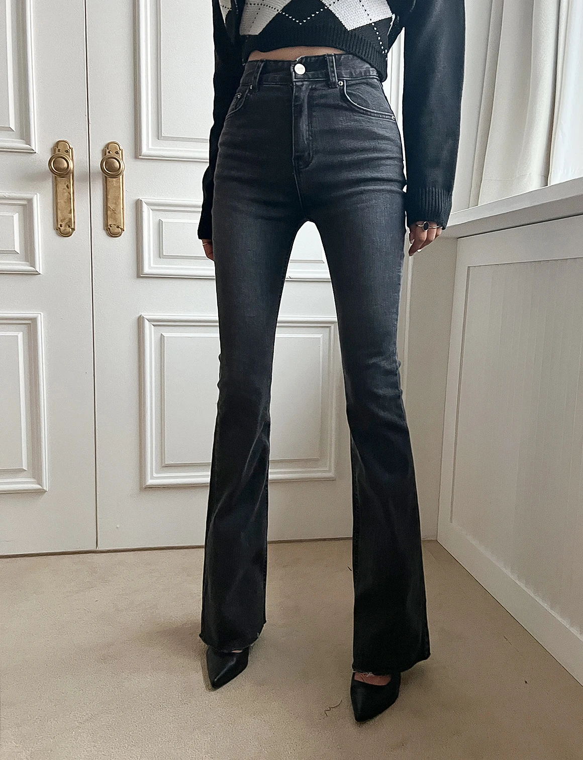 

Винтажные Облегающие расклешенные джинсовые брюки, шикарные женские осенние повседневные женские однотонные Блестящие Брюки с высокой талией и пуговицами 2022 W531