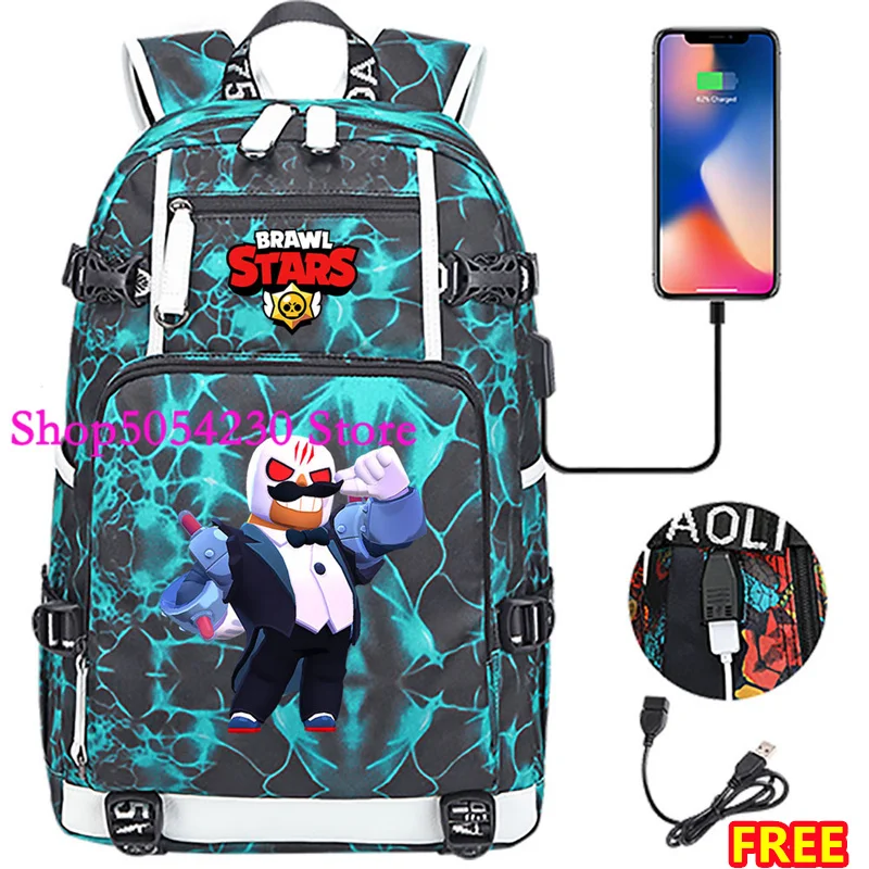 Фото Рюкзак Brawl Stars Leon Eve для старшеклассников с USB-зарядкой, большой вместимости, для кемпинга и путешествий, школьная сумка-мочила №5