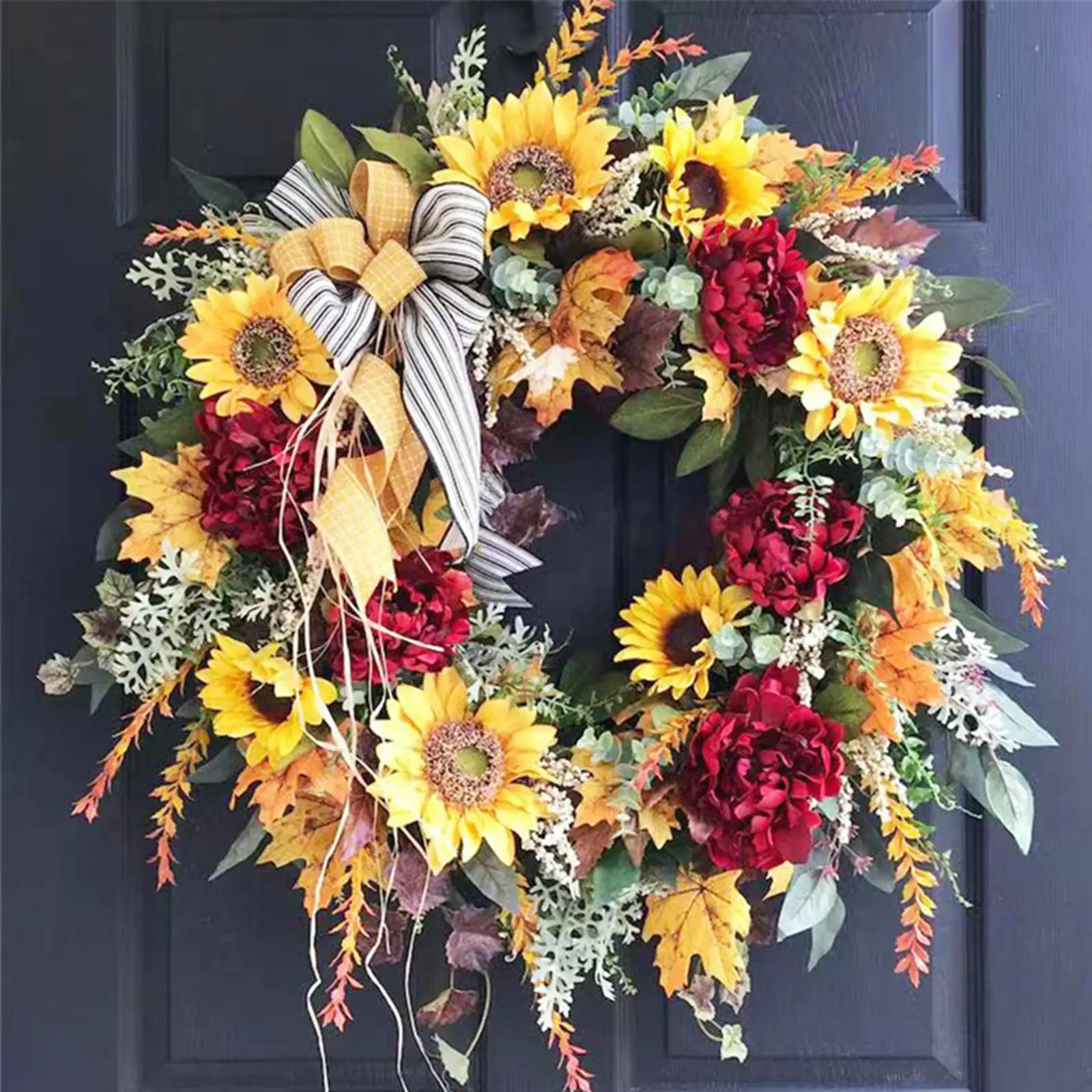 

40cm Fall Sunflower Wreath Fake Flower Welcome Sign Garland Artificial Hanging Wreath for Front Door Decoration for Home Party