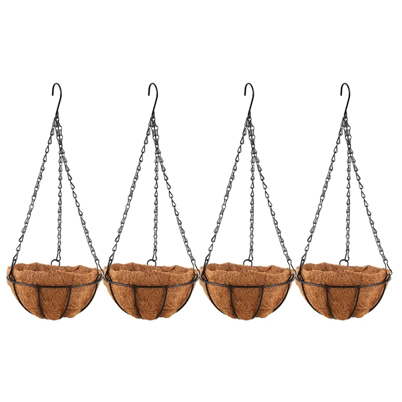 

4X Black Growers Hanging Basket Planter With Chain Flower Plant Pot Home Garden Balcony Decoration-8Inch